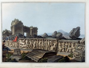 Rovine e fregio scolpito a Efeso, antica città della Grecia, oggi in Turchia. Da disegni originali di Luigi Mayer, Londra