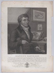 Ritratto di Francesco Bartolozzi, seduto, con una lente d