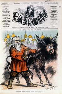 Caricatura su Tolstoj di Luigi Sapelli Caramba riguardante la lettera inviata da Tolstoj alla Santa Sede. Copertina del Pasquino del 5 maggio 1901 da Luigi Sapelli Caramba