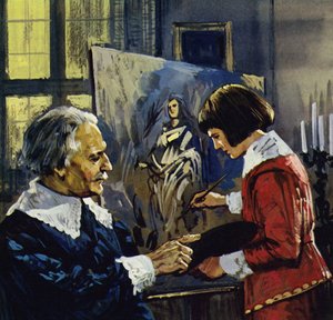 Anthony Van Dyck studiò da ragazzo sotto la guida di un pittore locale di nome Henry Van Balen (litografia a colori)