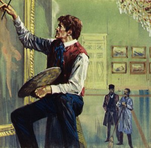 Delacroix al lavoro sulla sua tela al Salon di Parigi (litografia a colori)