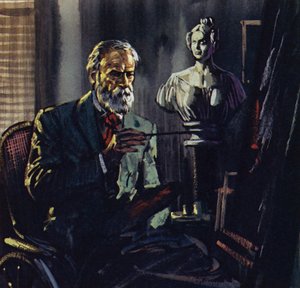 Renoir è costretto su una sedia da bagno dai reumatismi (litografia a colori)