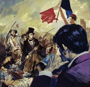 La Rivoluzione francese ispirò Eugene Delacroix a dipingere La libertà che guida il popolo francese (litografia a colori)