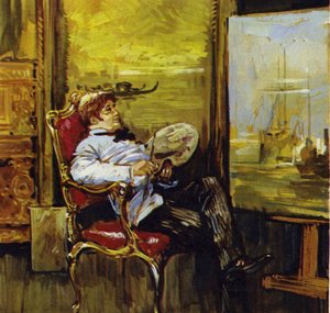 Turner seduto davanti a uno dei suoi dipinti (litografia a colori)