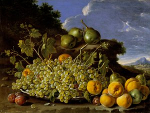 Natura morta con piatto di uva, pesche, pere e prugne in un paesaggio, c.1771