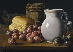 Natura morta con prugne, fichi, pane e brocca