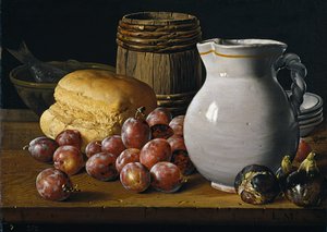 Natura morta con prugne, fichi, pane e brocca