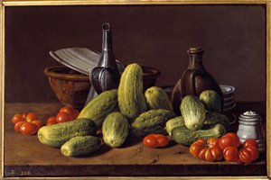 Natura morta: cetrioli, pomodori e contenitori. Dipinto di Luis Melendez (1716 - 1780) da Luis Egidio Menendez or Melendez