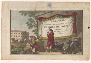 Frontespizio con toreri e una pelle di toro (Collezione delle principali manovre di una corrida) da Luis Fernandez Noseret