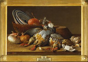Natura morta con due pernici, cipolle e stoviglie... (dipinto su tela)