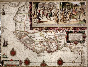 Mappa geografica della Guinea realizzata dal cartografo Luis Teixera (o Teixeira), circa 1586. In alto a destra, rappresentazione di una scena di danza tra gli indigeni (africani). da Luis Teixeira