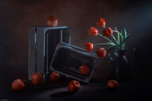 Natura morta floreale, fruttata e scura da Lydia Jacobs