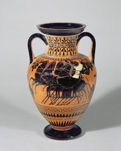 Anfora attica a figure nere che raffigura un carro a ruote, 520-500 a.C. da Lysippos