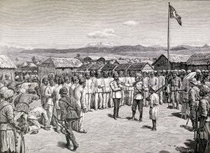 Sir Henry Morton Stanley che si rivolge agli ufficiali ribelli a Kavalli, 1890 da M. Schonberg