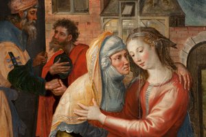 Adorazione dei Magi, Trittico, Pannello sinistro: Vita della Santa Vergine, dettaglio, pittura su legno da Maarten de Vos