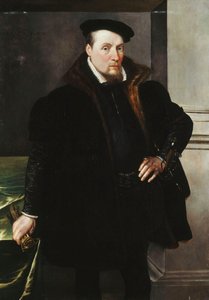 Ritratto di un gentiluomo, a tre quarti, in un cappotto nero con fodera di pelliccia da Maarten de Vos