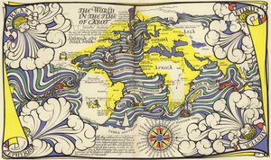Mappa del mondo al tempo dei navigatori Giovanni e Sebastiano Caboto (litografia a colori) da MacDonald Gill