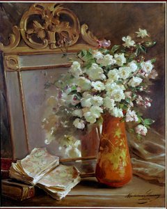 Il vaso rosso natura morta con specchio, mazzo di fiori e libro da Madeleine Lemaire