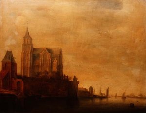 Groote Kerk con vista della torre principale, Emmerich in un paesaggio fluviale con barche a vela da Maerten Fransz van der Hulst