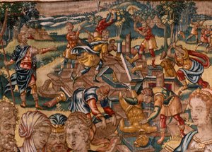 Museo diocesano (Museo Diocesano). Arazzo fiammingo. Bruxelles. Atelier François Geubels. Serie Storia di Gedeone. Joash è informato che Gedeone ha distrutto l