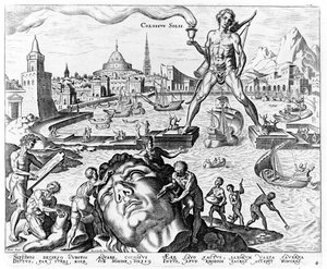 Il Colosso di Rodi, tavola 4 da Le Otto Meraviglie del Mondo, inc. Philips Galle, 1572