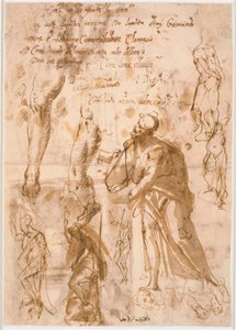 Due fogli da un taccuino. Sei studi per figure in piedi, due studi per gambe, tre schizzi per piedi e una testa da Maganza