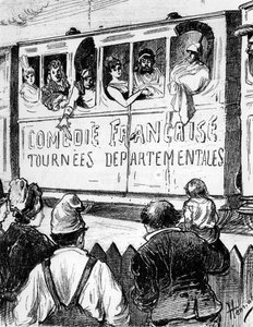 La compagnia della Comédie Française in tournée in Francia su un treno speciale, fa una sosta per dare ai contadini un assaggio del teatro, 2a metà del XIX secolo