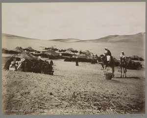 Accampamento con tende e cammelli nel deserto (probabilmente) dell