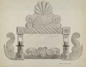 Cornice per specchio in latta con 2 portalumi da Majel G. Claflin