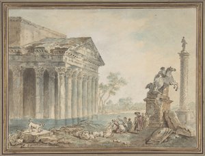 Capriccio architettonico con monumenti romani e lavandaie da Manner of Hubert Robert