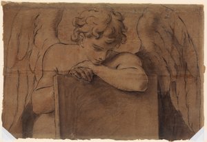 Frammento di cartone per angelo adolescente appoggiato a una tavoletta o libro chiuso