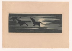 Tre anatre che volano al tramonto da Marc Henry Meunier (attributed to)