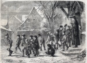 Uscita da scuola in inverno. Incisione da un dipinto di M. B. Vautier in 