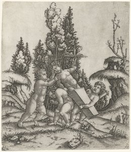 Amore e due putti o bambini portano una statua di putti con ancorato alato su piedistallo da Marcantonio Raimondi
