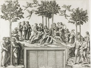 Apollo sul Parnaso, circondato dalle Muse e dai poeti da Marcantonio Raimondi