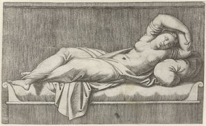 Cleopatra semi-nuda sdraiata su un letto da Marcantonio Raimondi