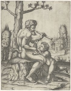 Fauno con flauto gioca con bambino da Marcantonio Raimondi