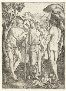 Giovane donna con corona di foglie tra un vecchio appoggiato a un bastone e un giovane con drago e bambino da Marcantonio Raimondi