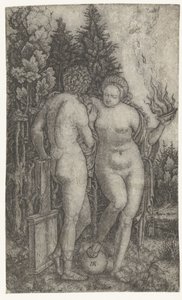 Giovane protetto da una donna con globo e ciotola di offerte come personificazione della Fortuna da Marcantonio Raimondi