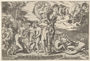 Giudizio di Paride: Paride estende la mano verso Venere, che sta tra Giunone e..., ca. 1520-50 da Marcantonio Raimondi