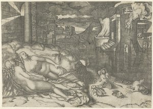 Paesaggio con due donne nude addormentate e animali fantastici sulla riva vicino a un edificio in fiamme
