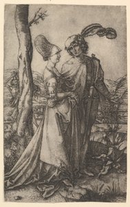 Signore e signora che camminano con la figura della morte nascosta dietro un albero, tenendo una clessidra da Marcantonio Raimondi