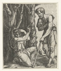 Uomo inginocchiato che si allontana da un mendicante al margine del bosco da Marcantonio Raimondi