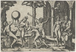 Uomo con due trombe e uomo con pietra sulla schiena affiancati da uomo e donna con globo e uomo vecchio e giovane da Marcantonio Raimondi