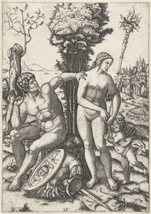 Marte e Venere come coppia di amanti con Amore da Marcantonio Raimondi