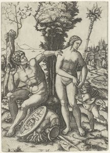 Marte e Venere come coppia di amanti con Amore da Marcantonio Raimondi