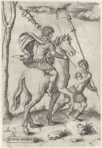 Generali romani Scipione Africano Maggiore a cavallo e Scipione Africano Minore da Marcantonio Raimondi