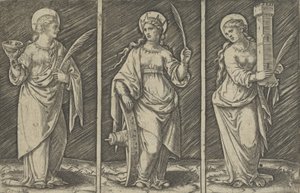 Santa Barbara a sinistra, Santa Caterina al centro, Santa Lucia a destra da Marcantonio Raimondi