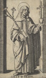 Santa Caterina da Siena in piedi con fiori e libro nella mano destra, ca. 1500-1527 da Marcantonio Raimondi