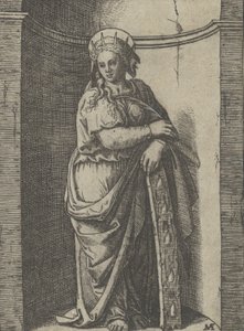 Santa Caterina in piedi in una nicchia, appoggiata a una ruota, il suo strumento di tortura da Marcantonio Raimondi